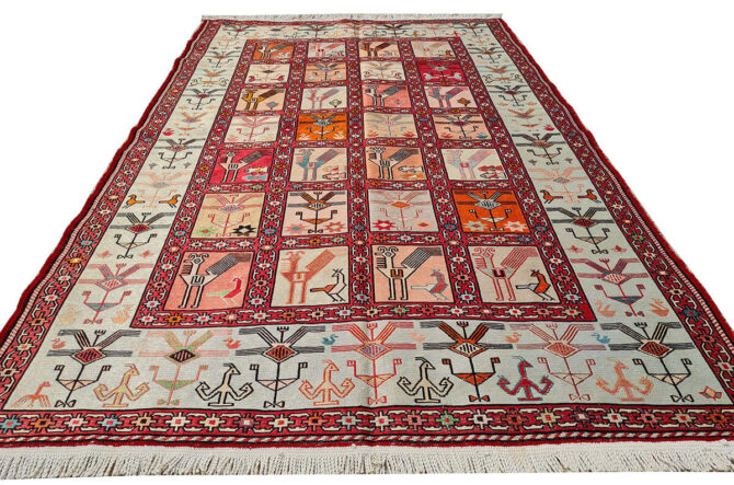 Fine Quality Hand Knotted Veg Dyed Soumak Pictorial Silk Kilim Area Rug 6 x 4 Ft (910 KHI)