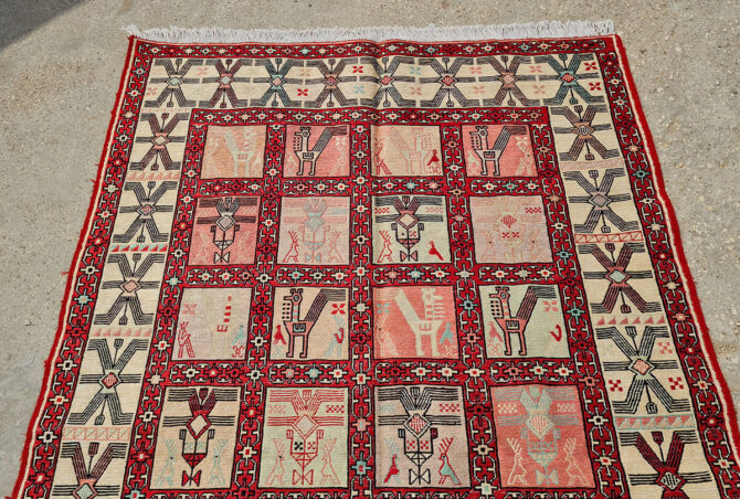 Fine Quality Hand Knotted Veg Dyed Soumak Pictorial silk Kilim Area Rug 6 x 4 Ft (914 KHI) - Image 5