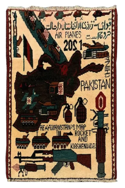 Hand Knotted Afghan War Tank A K 47 Balouch Pictorial Wall Hanging Wool Area Rug 3 x 2 Ft (5826 HM)
