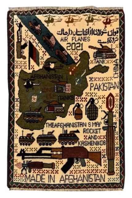 Hand Knotted Afghan War Tank A K 47 Balouch Pictorial Wall Hanging Wool Area Rug 3 x 2 Ft (5834 HM)