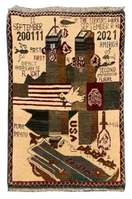 Hand Knotted Afghan War Tank A K 47 Balouch Pictorial Wall Hanging Wool Area Rug 3 x 2 Ft (5839 HM)