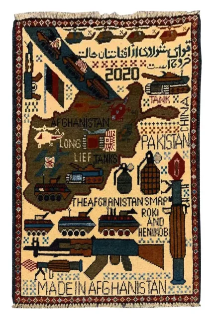 Hand Knotted Afghan War Tank A K 47 Balouch Pictorial Wall Hanging Wool Area Rug 3 x 2 Ft (5841 HM)