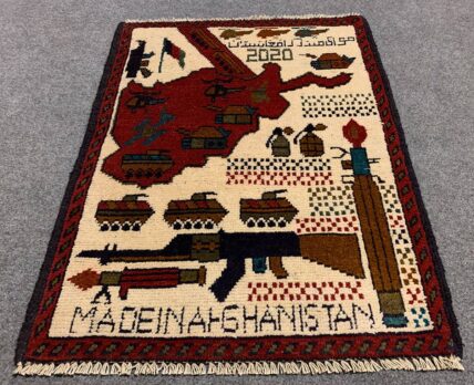 Hand Knotted Afghan War Tank A K 47 Balouch Pictorial Wall Hanging Wool Area Rug 3 x 2 Ft (5676 HM)