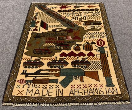 Hand Knotted Afghan War Tank A K 47 Balouch Pictorial Wall Hanging Wool Area Rug 2.6 x 1.11 Ft (5677 HM)
