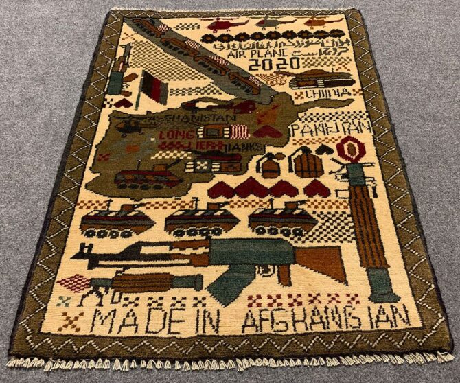 Hand Knotted Afghan War Tank A K 47 Balouch Pictorial Wall Hanging Wool Area Rug 2.6 x 1.11 Ft (5677 HM)