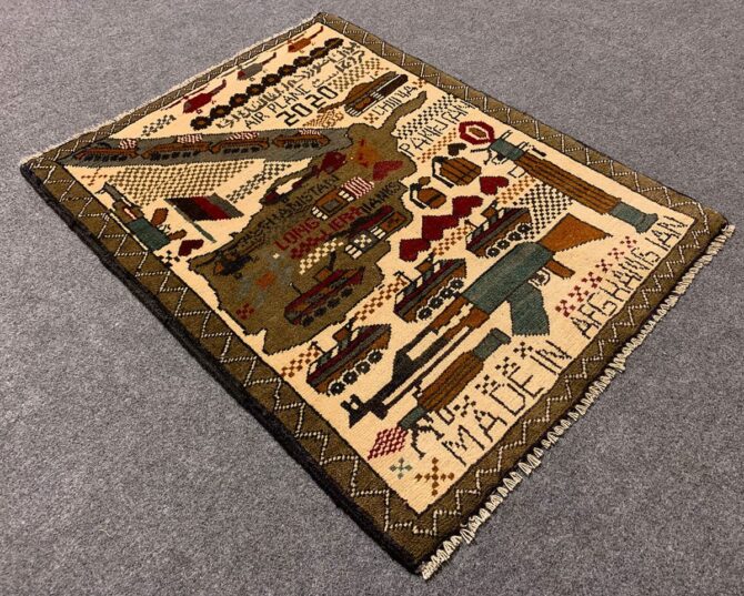Hand Knotted Afghan War Tank A K 47 Balouch Pictorial Wall Hanging Wool Area Rug 2.6 x 1.11 Ft (5677 HM) - Image 5