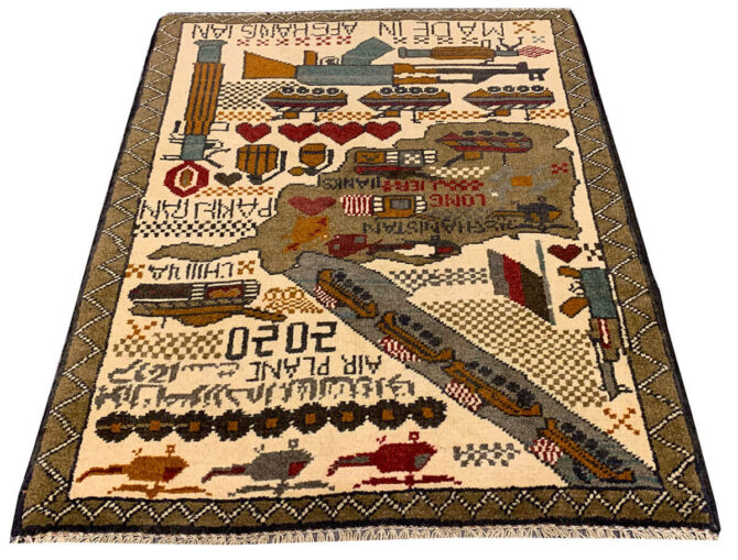 Hand Knotted Afghan War Tank A K 47 Balouch Pictorial Wall Hanging Wool Area Rug 2.6 x 1.11 Ft (5677 HM) - Image 2