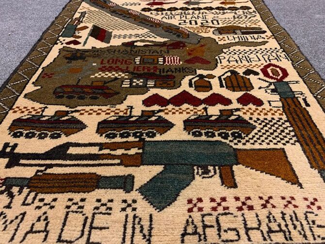 Hand Knotted Afghan War Tank A K 47 Balouch Pictorial Wall Hanging Wool Area Rug 2.6 x 1.11 Ft (5677 HM) - Image 3