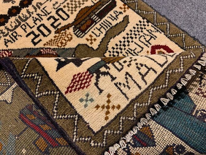 Hand Knotted Afghan War Tank A K 47 Balouch Pictorial Wall Hanging Wool Area Rug 2.6 x 1.11 Ft (5677 HM) - Image 7