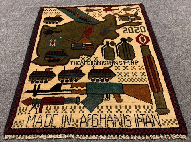 Hand Knotted Afghan War Tank A K 47 Balouch Pictorial Wall Hanging Wool Area Rug 2.5 x 2.0 Ft (5679 HM)