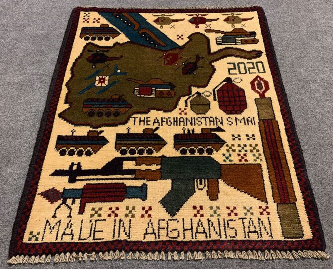 Hand Knotted Afghan War Tank A K 47 Balouch Pictorial Wall Hanging Wool Area Rug 3 x 2 Ft (5681 HM)