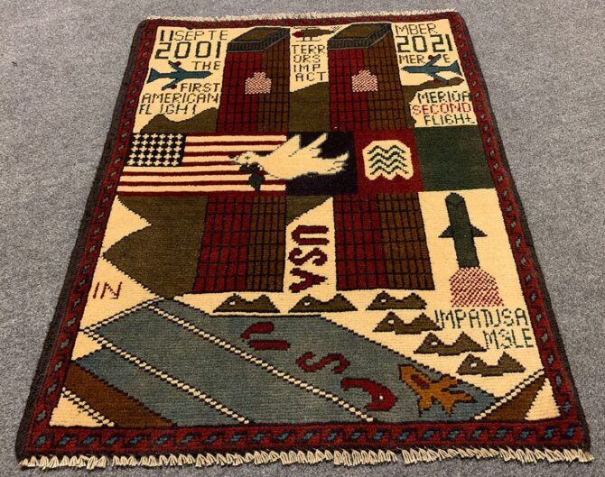 Hand Knotted Afghan War Tank A K 47 Balouch Pictorial Wall Hanging Wool Area Rug 3 x 2 Ft (5683 HM)