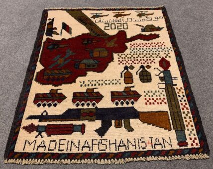 Hand Knotted Afghan War Tank A K 47 Balouch Pictorial Wall Hanging Wool Area Rug 3 x 2 Ft (5688 HM)