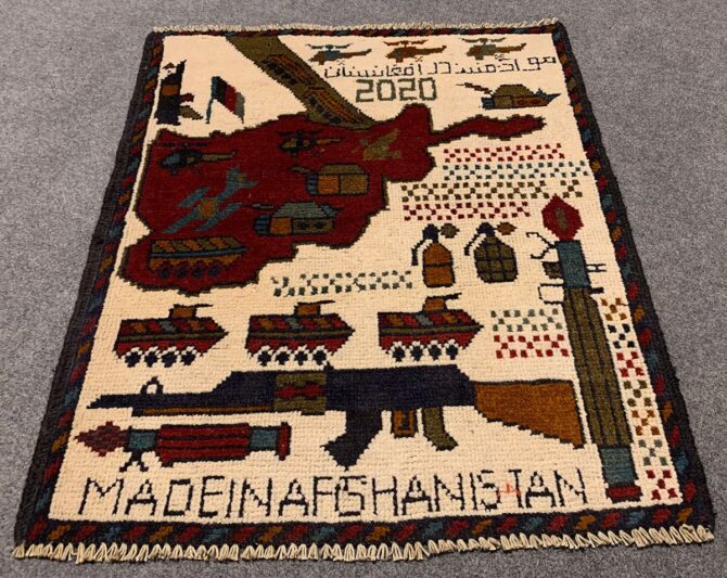 Hand Knotted Afghan War Tank A K 47 Balouch Pictorial Wall Hanging Wool Area Rug 3 x 2 Ft (5688 HM)