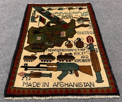 Hand Knotted Afghan War Tank A K 47 Balouch Pictorial Wall Hanging Wool Area Rug 3 x 2 Ft (5696 HM)