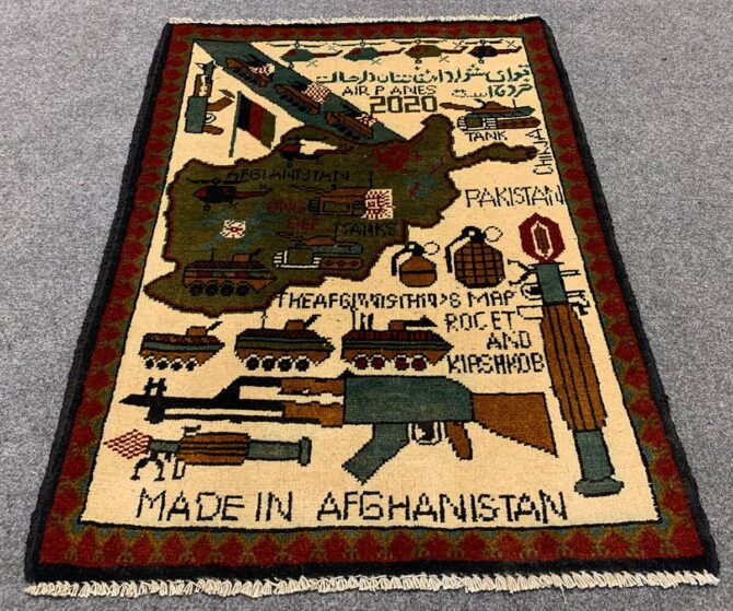 Hand Knotted Afghan War Tank A K 47 Balouch Pictorial Wall Hanging Wool Area Rug 3 x 2 Ft (5696 HM)