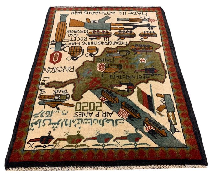 Hand Knotted Afghan War Tank A K 47 Balouch Pictorial Wall Hanging Wool Area Rug 3 x 2 Ft (5696 HM) - Image 2