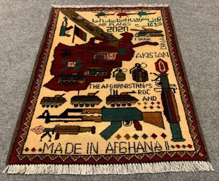 Hand Knotted Afghan War Tank A K 47 Balouch Pictorial Wall Hanging Wool Area Rug 3 x 2 Ft (5705 HM)