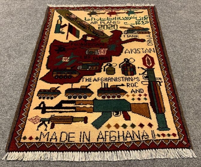 Hand Knotted Afghan War Tank A K 47 Balouch Pictorial Wall Hanging Wool Area Rug 3 x 2 Ft (5705 HM)