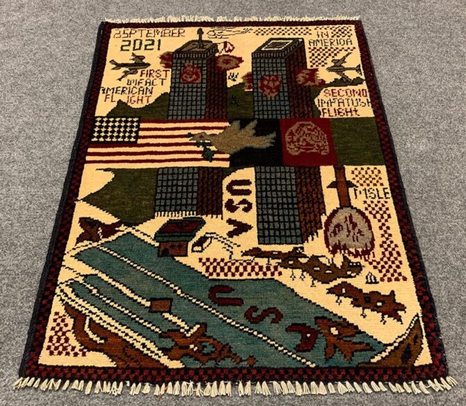 Hand Knotted Afghan War Tank A K 47 Balouch Pictorial Wall Hanging Wool Area Rug 3 x 2 Ft (5714 HM)