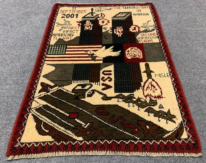 Hand Knotted Afghan War Tank A K 47 Balouch Pictorial Wall Hanging Wool Area Rug 3 x 2 Ft (5716 HM)