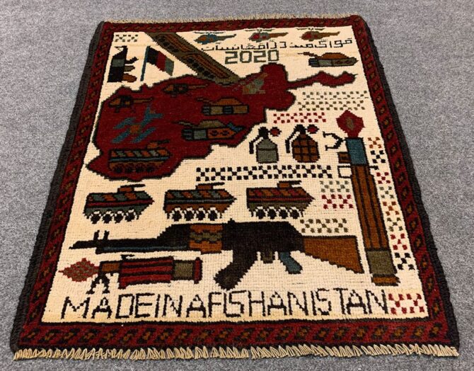 Hand Knotted Afghan War Tank A K 47 Balouch Pictorial Wall Hanging Wool Area Rug 3 x 2 Ft (5723 HM)