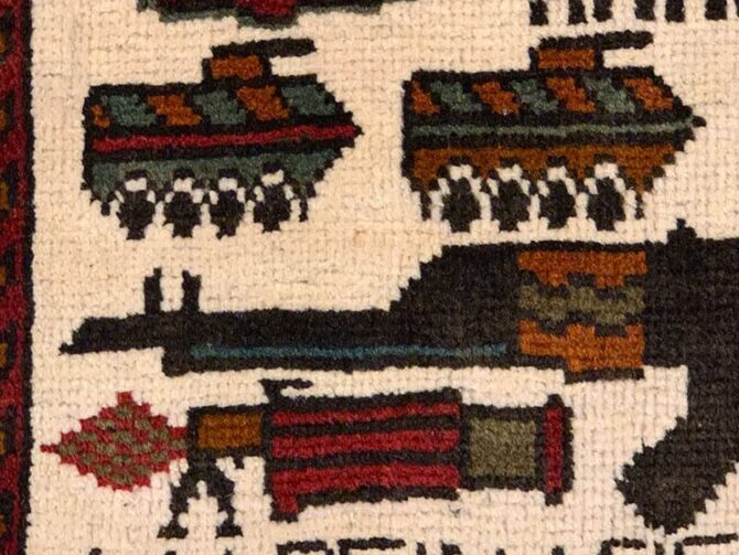 Hand Knotted Afghan War Tank A K 47 Balouch Pictorial Wall Hanging Wool Area Rug 3 x 2 Ft (5723 HM) - Image 5