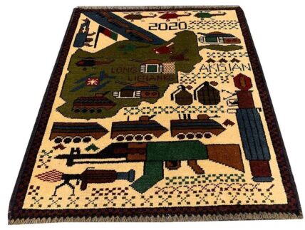 Hand Knotted Afghan War Tank A K 47 Balouch Pictorial Wall Hanging Wool Area Rug 2 x 2 Ft (5731 HM)