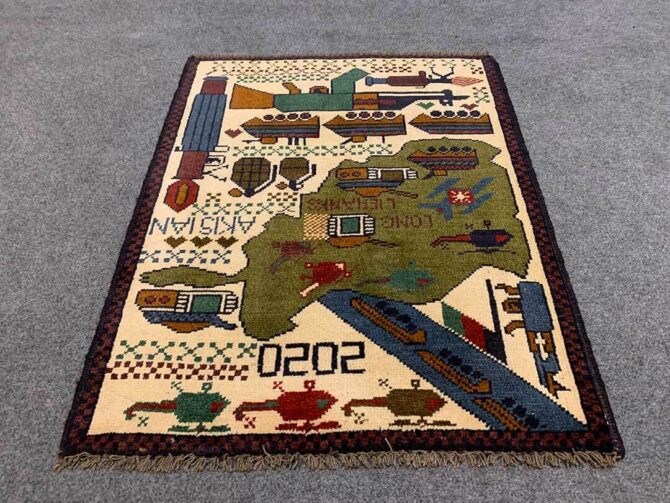 Hand Knotted Afghan War Tank A K 47 Balouch Pictorial Wall Hanging Wool Area Rug 2 x 2 Ft (5731 HM) - Image 2