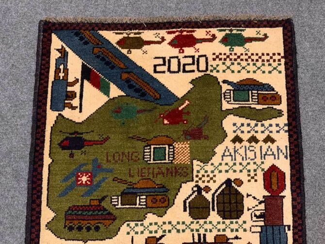 Hand Knotted Afghan War Tank A K 47 Balouch Pictorial Wall Hanging Wool Area Rug 2 x 2 Ft (5731 HM) - Image 4