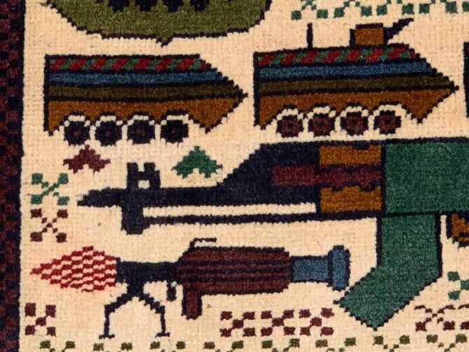Hand Knotted Afghan War Tank A K 47 Balouch Pictorial Wall Hanging Wool Area Rug 2 x 2 Ft (5731 HM) - Image 5