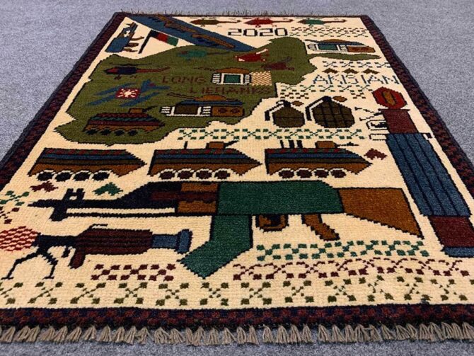 Hand Knotted Afghan War Tank A K 47 Balouch Pictorial Wall Hanging Wool Area Rug 2 x 2 Ft (5731 HM) - Image 3