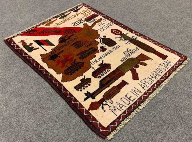 Hand Knotted Afghan War Tank A K 47 Balouch Pictorial Wall Hanging Wool Area Rug 2.5 x 1.10 Ft (5732 HM) - Image 6