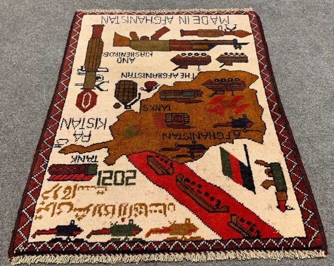 Hand Knotted Afghan War Tank A K 47 Balouch Pictorial Wall Hanging Wool Area Rug 2.5 x 1.10 Ft (5732 HM) - Image 2
