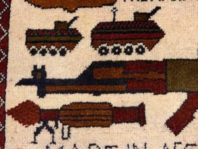 Hand Knotted Afghan War Tank A K 47 Balouch Pictorial Wall Hanging Wool Area Rug 2.5 x 1.10 Ft (5732 HM) - Image 5
