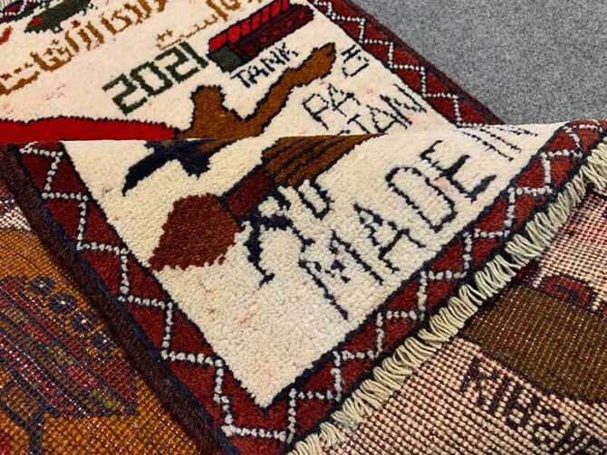 Hand Knotted Afghan War Tank A K 47 Balouch Pictorial Wall Hanging Wool Area Rug 2.5 x 1.10 Ft (5732 HM) - Image 7