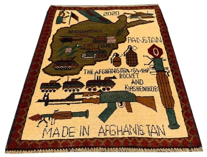 Hand Knotted Afghan War Tank A K 47 Balouch Pictorial Wall Hanging Wool Area Rug 3 x 2 Ft (5734 HM)