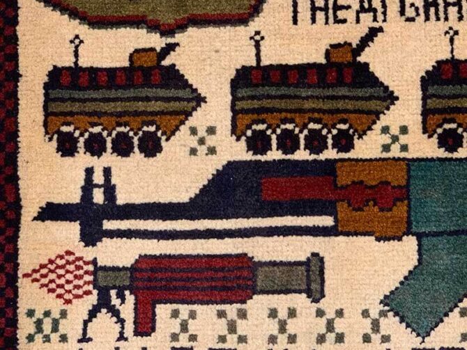 Hand Knotted Afghan War Tank A K 47 Balouch Pictorial Wall Hanging Wool Area Rug 2.5 x 2.0 Ft (5736 HM) - Image 5