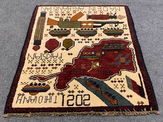 Hand Knotted Afghan War Tank A K 47 Balouch Pictorial Wall Hanging Wool Area Rug 2.5 x 1.11 Ft (5740 HM) - Image 2