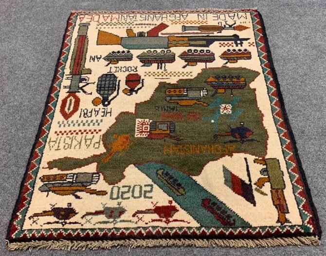 Hand Knotted Afghan War Tank A K 47 Balouch Pictorial Wall Hanging Wool Area Rug 3 x 2 Ft (5742 HM) - Image 2