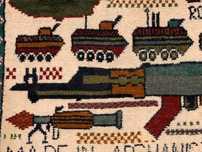 Hand Knotted Afghan War Tank A K 47 Balouch Pictorial Wall Hanging Wool Area Rug 3 x 2 Ft (5742 HM) - Image 5