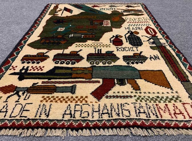 Hand Knotted Afghan War Tank A K 47 Balouch Pictorial Wall Hanging Wool Area Rug 3 x 2 Ft (5742 HM) - Image 3