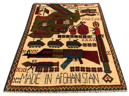 Hand Knotted Afghan War Tank A K 47 Balouch Pictorial Wall Hanging Wool Area Rug 3 x 2 Ft (5743 HM)