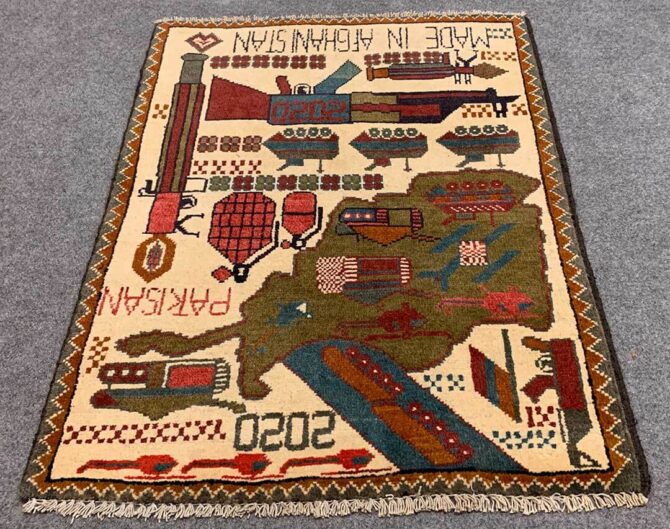 Hand Knotted Afghan War Tank A K 47 Balouch Pictorial Wall Hanging Wool Area Rug 3 x 2 Ft (5743 HM) - Image 2