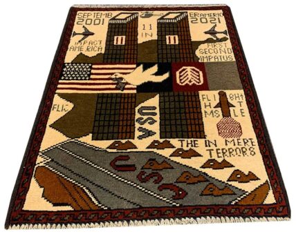 Hand Knotted Afghan War Tank A K 47 Balouch Pictorial Wall Hanging Wool Area Rug 3 x 2 Ft (5745 HM)