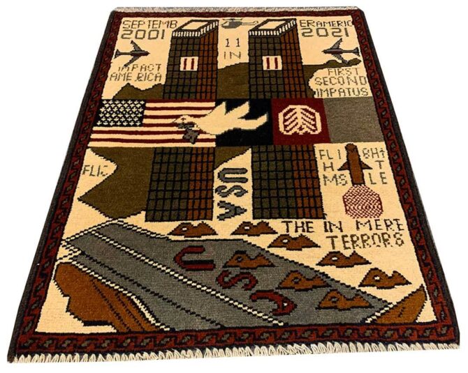 Hand Knotted Afghan War Tank A K 47 Balouch Pictorial Wall Hanging Wool Area Rug 3 x 2 Ft (5745 HM)