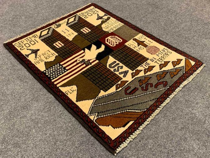 Hand Knotted Afghan War Tank A K 47 Balouch Pictorial Wall Hanging Wool Area Rug 3 x 2 Ft (5745 HM) - Image 6