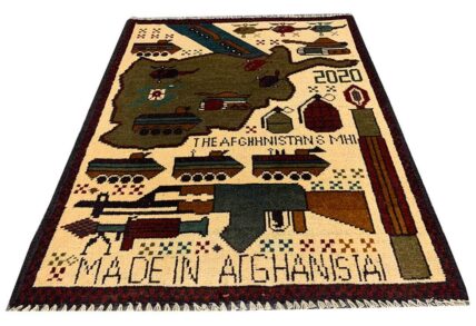 Hand Knotted Afghan War Tank A K 47 Balouch Pictorial Wall Hanging Wool Area Rug 3 x 2 Ft (5746 HM)