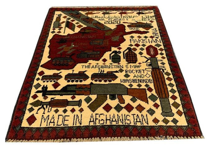 Hand Knotted Afghan War Tank A K 47 Balouch Pictorial Wall Hanging Wool Area Rug 3 x 2 Ft (5750 HM)