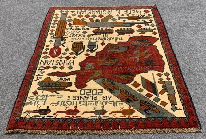 Hand Knotted Afghan War Tank A K 47 Balouch Pictorial Wall Hanging Wool Area Rug 3 x 2 Ft (5750 HM) - Image 2